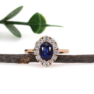 1.75ct Ceylon Sapphire Ring With Natural Diamond Halo in 14k Solid Gold | Ov 8x6