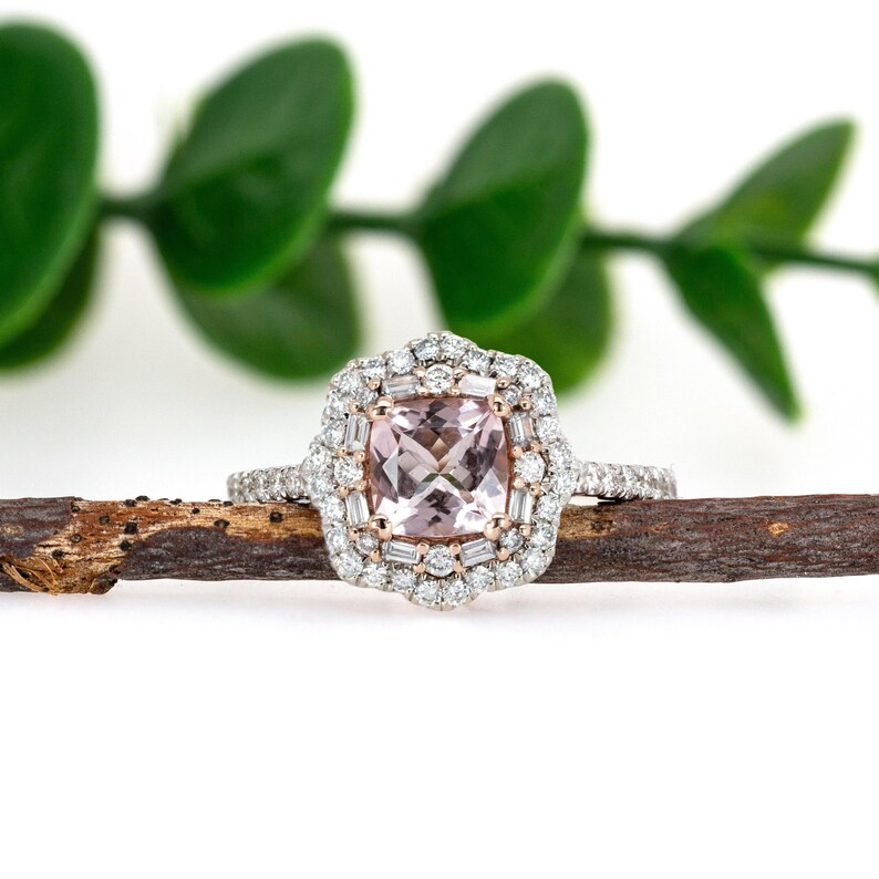 Cor De Rosa Morganite Double Diamond Halo Ring in Solid 14k White Gold | Cu 6mm