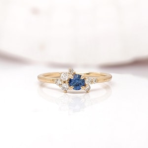 Cute Sapphire Ring w Natural Earth Mined Diamonds in Solid 14k Yellow Gold | Round 4mm | September Birthstone | Something Blue