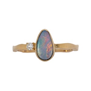 Australian Boulder Opal Ring With a Diamond Accent in Solid 14K Yellow Gold | 9.5x5.5mm
