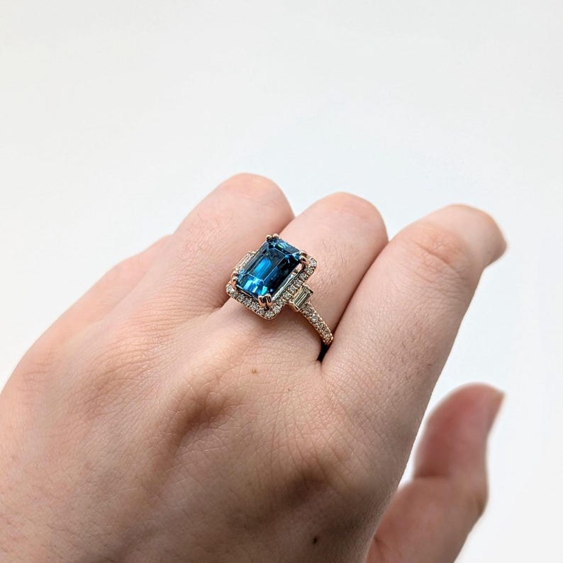 6.7cts Blue Zircon Ring W Earth Mined Diamonds in 14k Rose Gold | Em 9.5x7mm