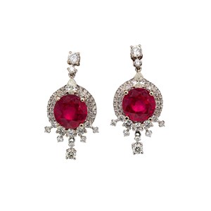 8mm, 5.6cts Madagascar Ruby & Natural Diamonds Dangle Earrings in Solid 14k Gold