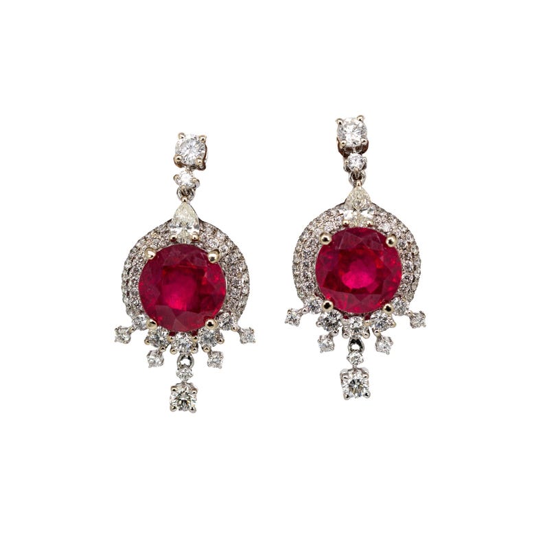 8mm, 5.6cts Madagascar Ruby & Natural Diamonds Dangle Earrings in Solid 14k Gold