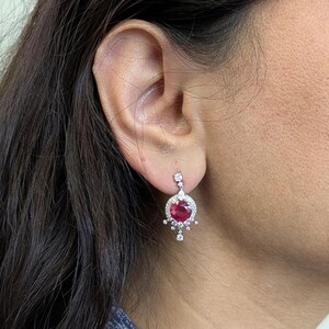 8mm, 5.6cts Madagascar Ruby & Natural Diamonds Dangle Earrings in Solid 14k Gold