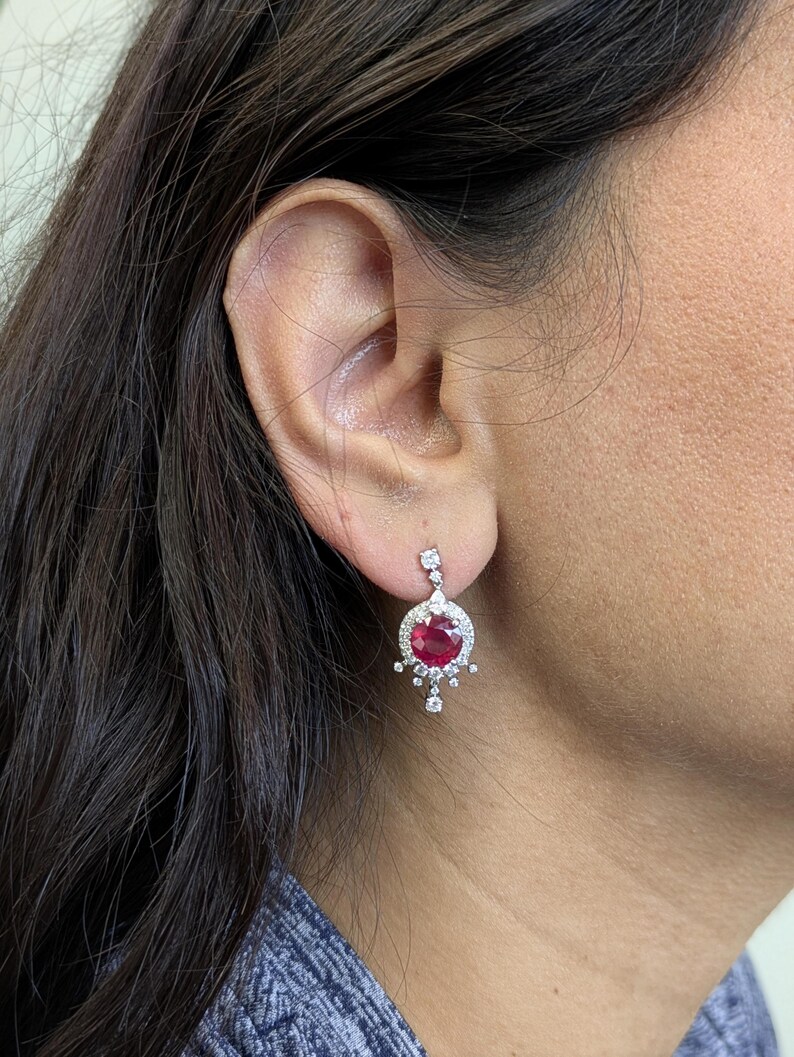 8mm, 5.6cts Madagascar Ruby & Natural Diamonds Dangle Earrings in Solid 14k Gold