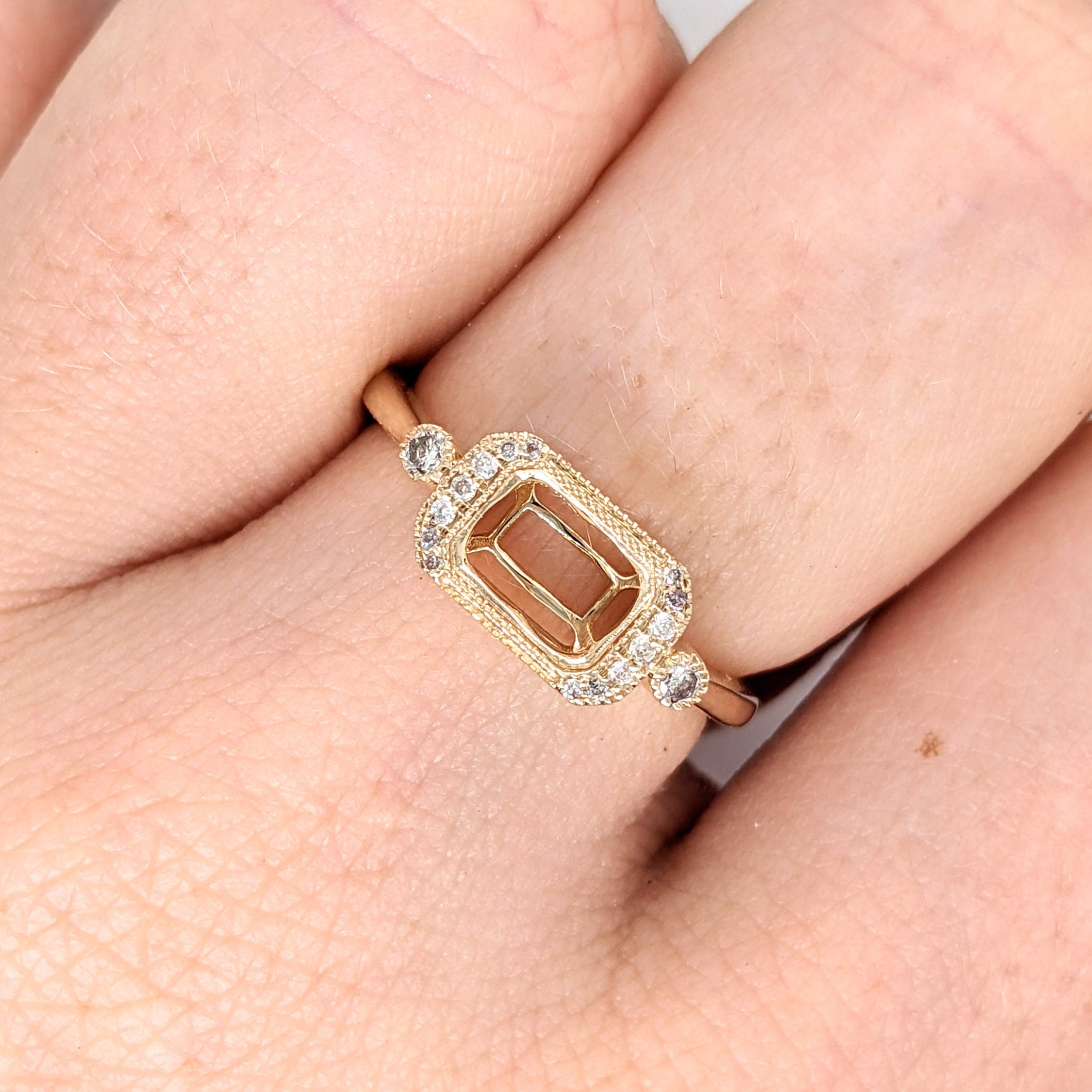 Dainty Bezel Set Vintage Inspired East West Ring Semi mount in 14K Gold with Diamond Accents | Emerald Cut 7x5mm | Milgrain | Customizable
