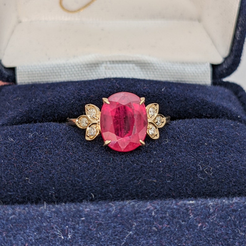Radiant Red Ruby Ring in 14K Yellow, White or Rose Gold w/ Natural Diamond Accents Oval 10x8mm Floral Design July Birthstone Custom image 7