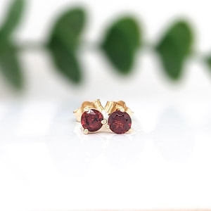Beautiful Garnet Stud Earrings in Solid 14k Gold || Round 4mm || Martini Studs || Daily Wear || Minimalist || January Birthstone ||