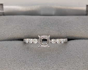 Minimalist Ring Semi Mount in Solid 14k White with Natural Diamond Accents | Cushion Cut 4mm 5mm 6mm 7mm  | Customizable | Classic Ring