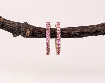 Natural Pink Sapphire Dangle Earrings in 14k Solid Yellow Gold || Round Gemstone || September Birthstone || Gold Huggies || Customizable ||
