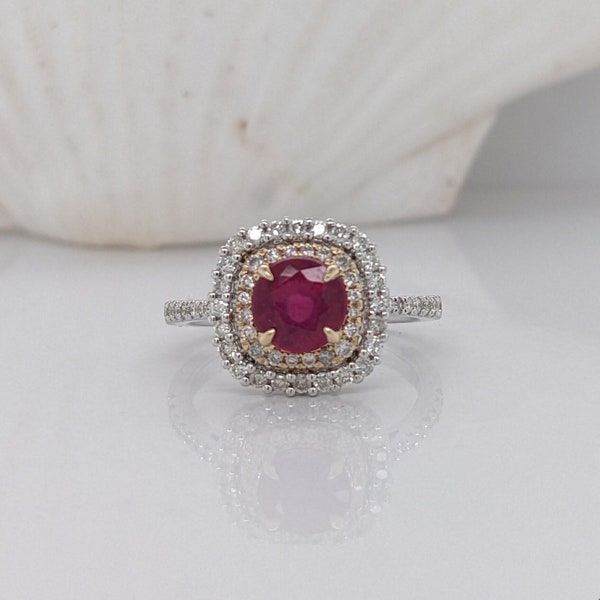 Beautiful Ruby Ring W Earth Mined Diamonds in Solid 14k White Gold Round 6mm