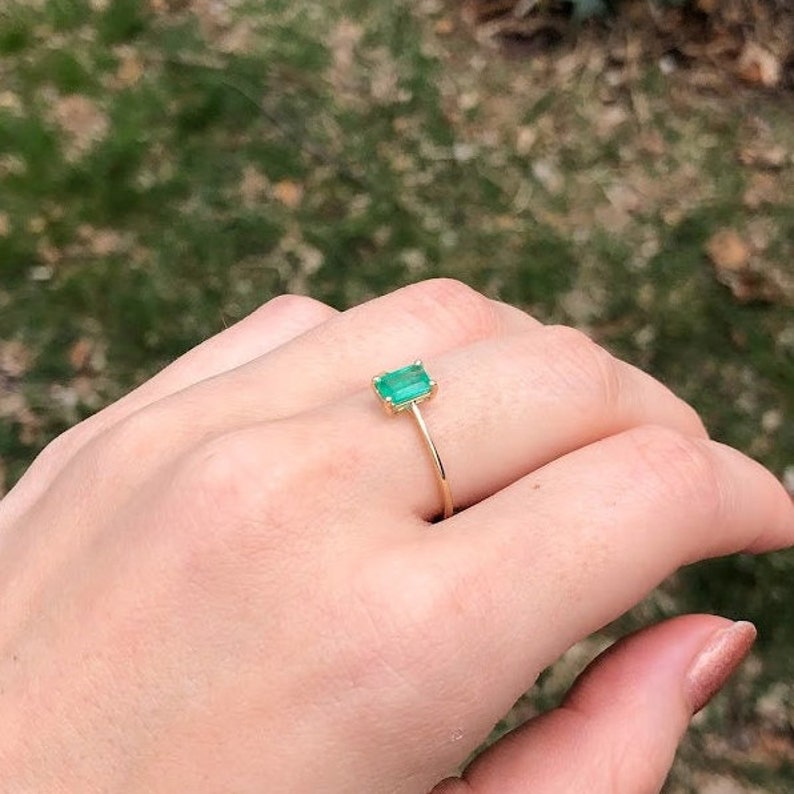 Minimalist Ethiopian Emerald Ring in Solid 14k Yellow, White or Rose Gold Solitaire Emerald Cut 6x4mm May Birthstone Natural Gem image 10