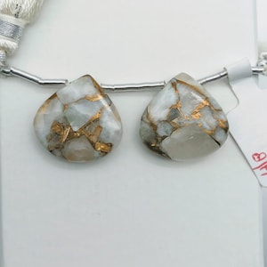 Natural Marble Design White Copper Calcite Drilled Pair Teardrop Shape- Side Drilled Smooth Gems 16x16mm