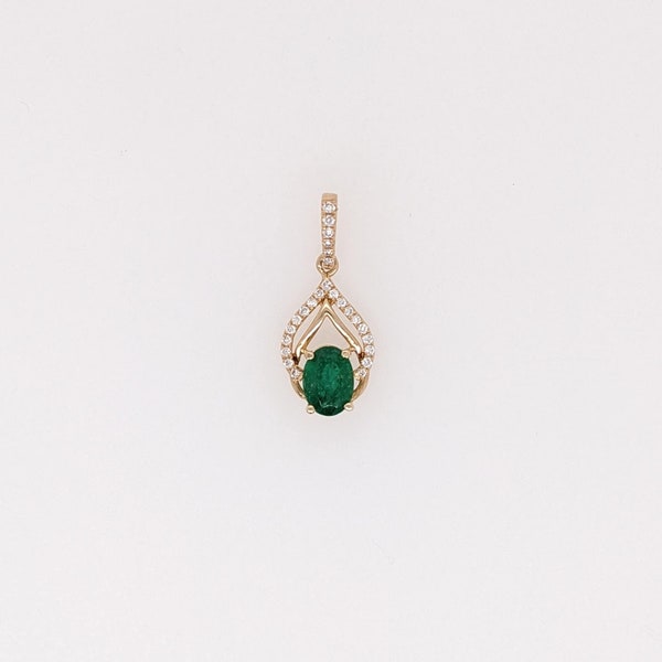 Emerald Pendant W Earth Mined Diamonds in Solid 14k Yellow Gold Oval 7x5mm