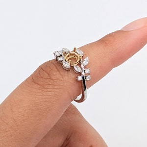 Nature Inspired Leaf Vine Ring Semi Mount in 14K Gold w Round & Marquise Diamond Accents Round 5mm Two Tone Bypass Ring Customizable image 7