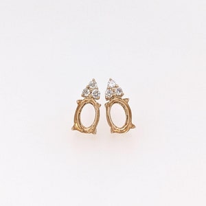 Dainty Earrings Semi Mount w Natural Diamond Accents in Solid 14k Yellow Gold || Oval 6x4mm || Customizable || Daily Wear || Birthstone ||