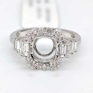 Stunning Engagement Ring Semi-Mount in 14k Gold with Diamond Halo & Baguettes | Art Deco | Cushion Asscher Radiant 9mm 10mm | Custom Sizes
