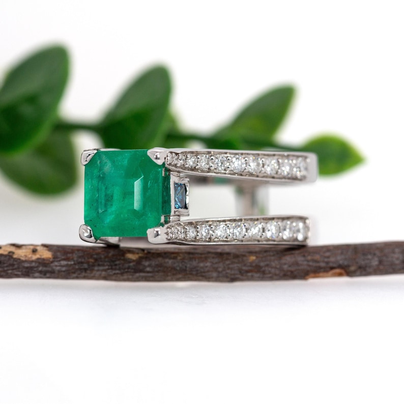 2.3cts Colombian Emerald Ring W Natural Diamonds and Blue Diamonds in 14k Gold