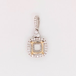 Art Deco Pendant Setting W Natural Diamond Halo in 14K Solid Gold | Square Princess Cut 5mm 6mm 7mm 8mm 9mm 10mm 11mm | Customizable