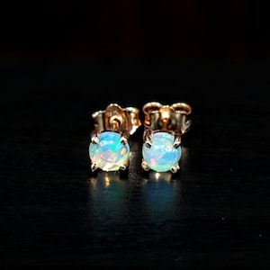 Glowing Round Opal Solitaire Stud Earrings in Solid 14k Gold | Round 4mm 5mm | Push Back | Play of Color | October Birthstone |