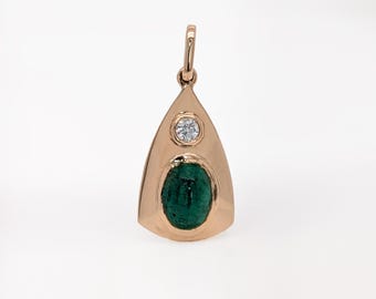 Zambian Emerald Pendant with an Earth Mined Diamond in 14K Solid Gold | OV 7x5mm