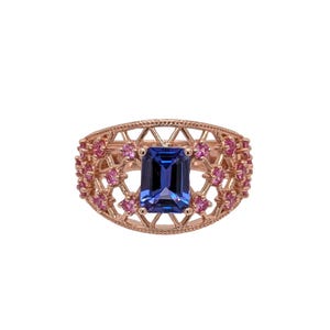 1.4ct Statement Tanzanite Ring W Pink Sapphire Accents in Solid 14k Yellow Gold
