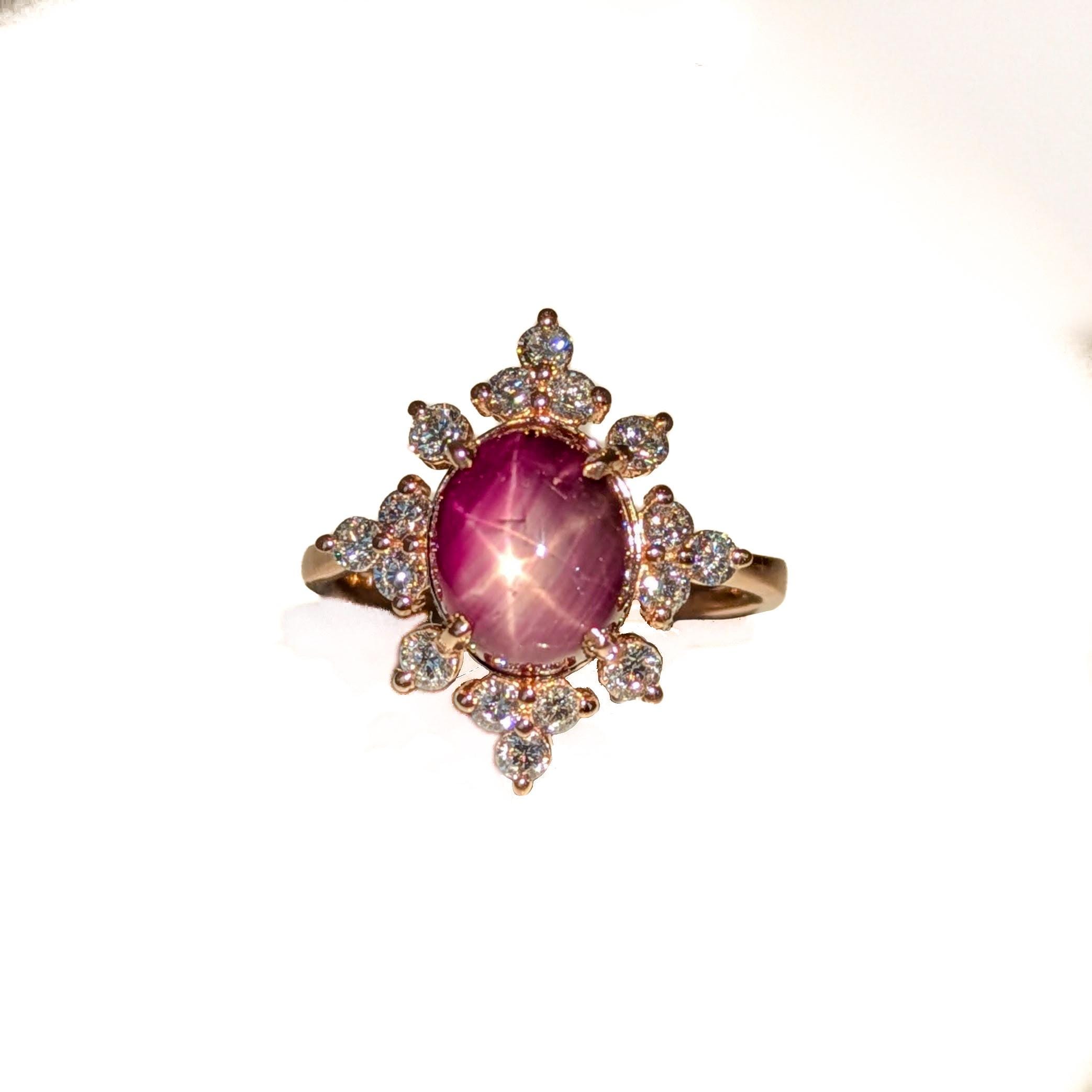 3.8ct Star Ruby Ring w Earth Mined Diamonds in Solid 14k Gold | OV 10x8mm