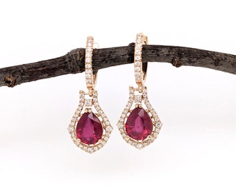Red Ruby Drop Earrings w Natural Earth Mined Diamonds in 14k Solid Gold || Pear Shape 9x7mm || July Birthstone || Daily Wear ||