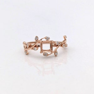 Leafy Vine Asscher Cut Statement Ring Semi-Mount in 14K Gold w Diamond Accents | Princess, Cushion, Emerald Cut Setting | Customizable