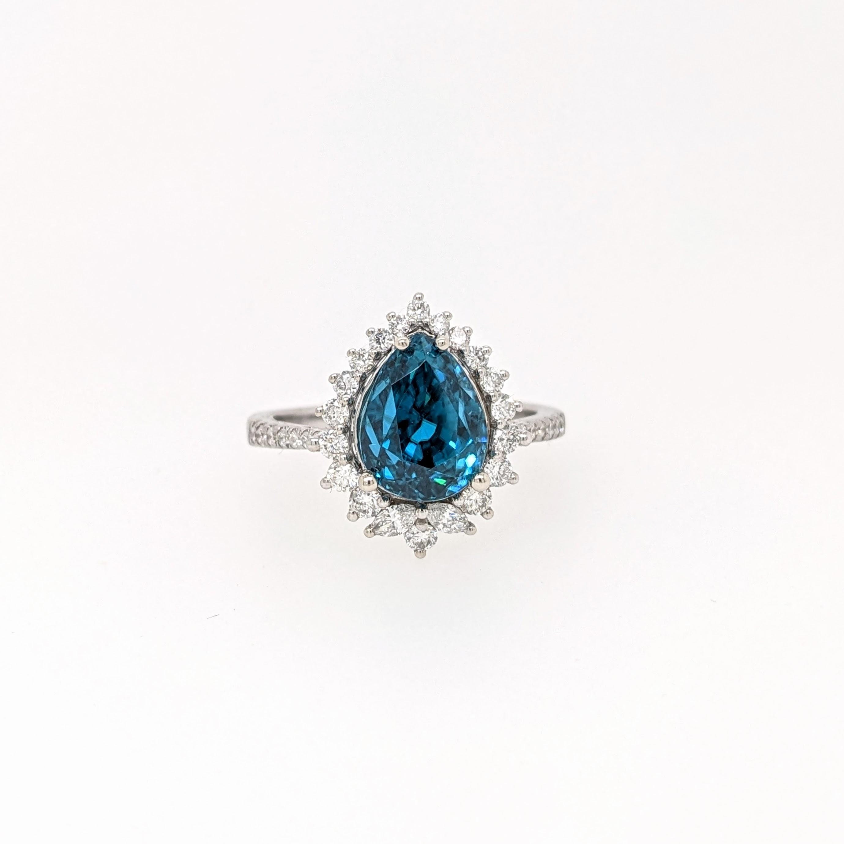 上品なブルージルコンリング（天然ダイヤモンド付き、14Kホワイト