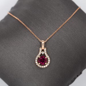 Round 6mm - Dainty Ruby and Natural Diamond Halo Pendant in 14K Solid Gold