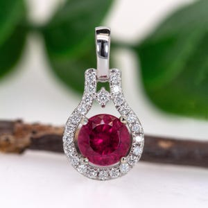 6mm, 1ct Rubellite Tourmaline Pendant w Natural Diamond Halo in Solid 14K Gold