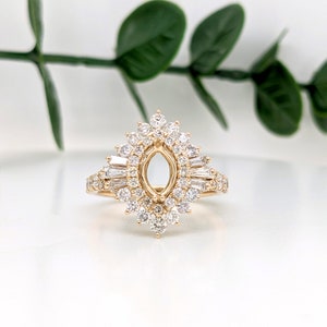 Stunning Double Halo Ring Semi Mount with Round & Baguette Diamonds in Solid 14K Gold | Marquise Shape Center Setting | Customizable