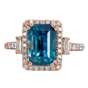 6.7cts Blue Zircon Ring W Earth Mined Diamonds in 14k Rose Gold | Em 9.5x7mm