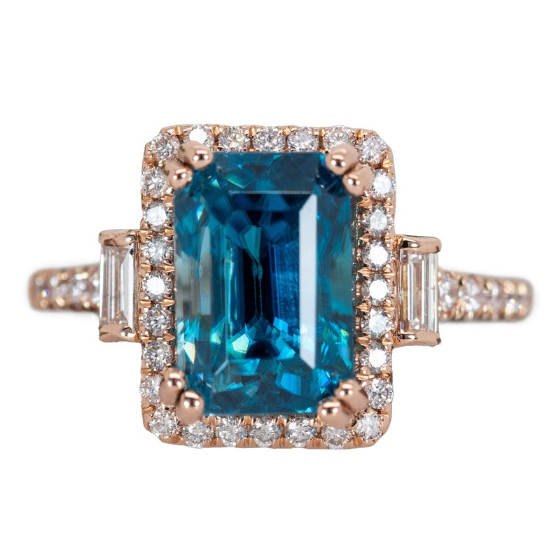 6.7cts Blue Zircon Ring W Earth Mined Diamonds in 14k Rose Gold | Em 9.5x7mm