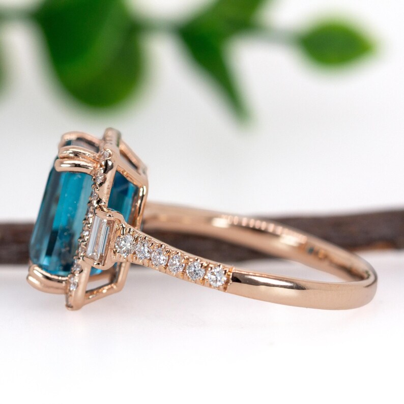 6.7cts Blue Zircon Ring W Earth Mined Diamonds in 14k Rose Gold | Em 9.5x7mm