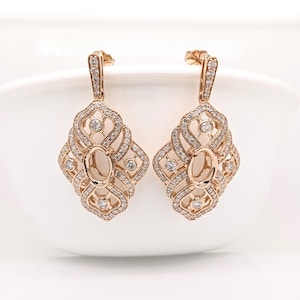 Gorgeous Dangle Earrings Semi Mount w Natural Diamonds in Solid 14k Yellow Gold || Oval 10x7mm || Customizable || Statement Earrings ||