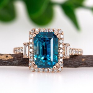 6.7cts Blue Zircon Ring W Earth Mined Diamonds in 14k Rose Gold | Em 9.5x7mm