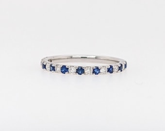 Ceylon Sapphire & Diamond Stackable Band in Solid 14k White Gold || Round 1.8mm || Straight band || Earth Mined || Customizable