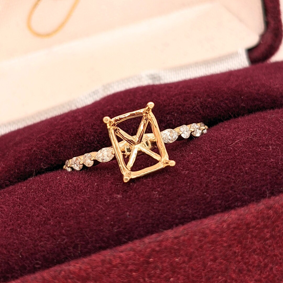 Elegant Round & Marquise Diamond Shank Ring Setting in 14K Solid Gold ...