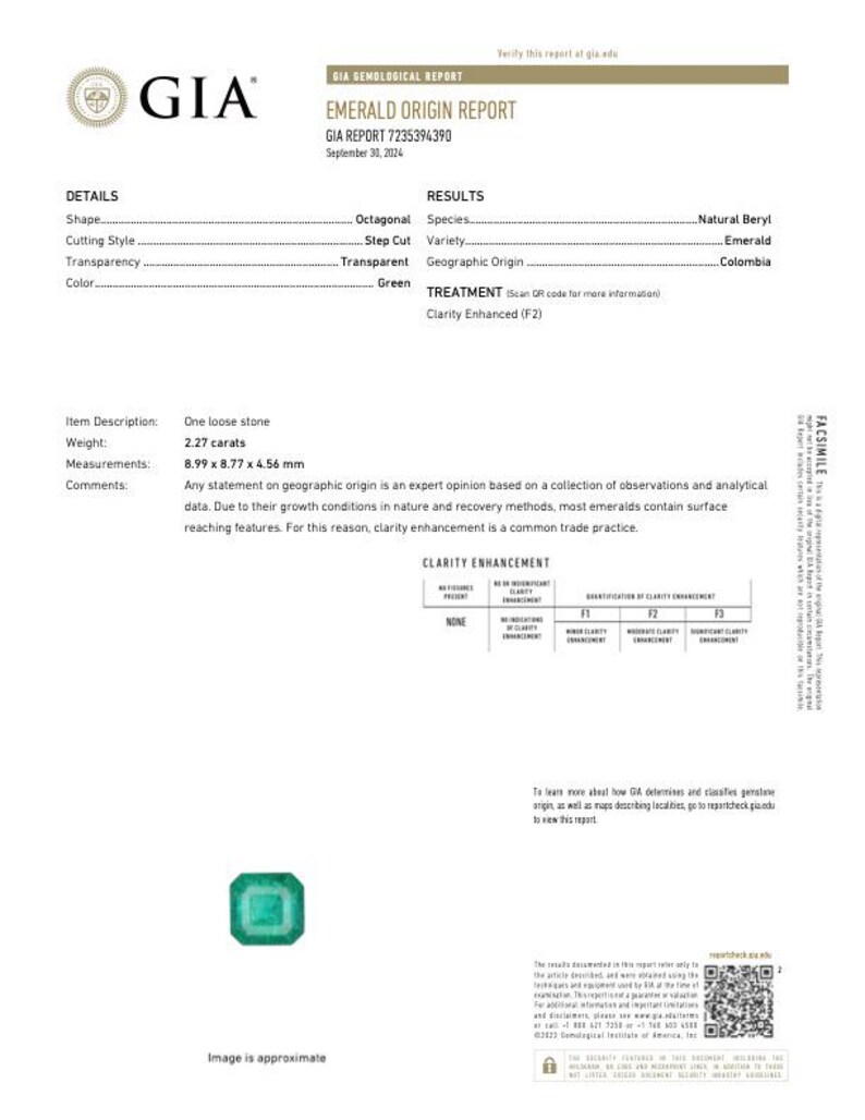 Pode incluir: Relat&oacute;rio GIA para uma esmeralda. O relat&oacute;rio detalha a forma octogonal da gema, com lapida&ccedil;&atilde;o em degraus e clareza transparente. A esmeralda pesa 2,27 quilates e mede 8,99 x 8,77 x 4,56 mm. A cor &eacute; verde e a origem &eacute; a Col&ocirc;mbia.