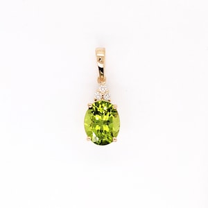 Peridot Pendant in 14K White, Yellow or Rose Gold Trio Diamond Accent | Oval 10x8mm | Green Gemstone Pendant | Necklace | August Birthstone