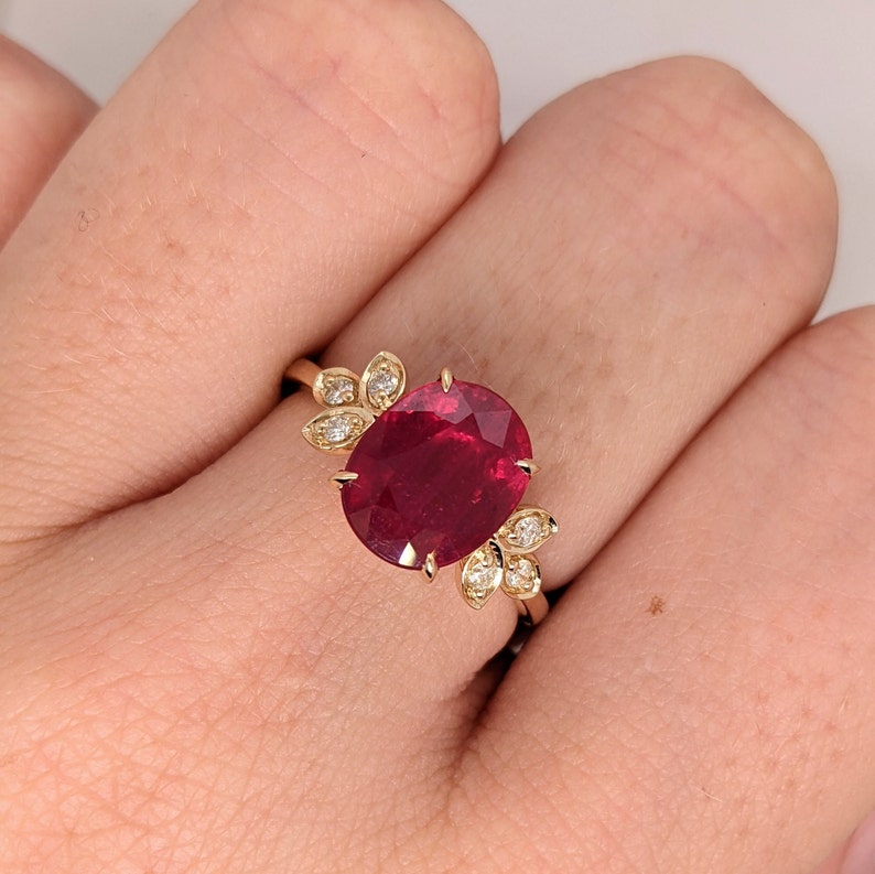 Radiant Red Ruby Ring in 14K Yellow, White or Rose Gold w/ Natural Diamond Accents Oval 10x8mm Floral Design July Birthstone Custom image 5