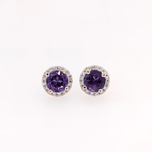 Amethyst Studs in 14K Solid Gold w a Natural Diamond Halo | Round 6mm | Prong Setting | Push Back | February Birthstone | Purple Earrings