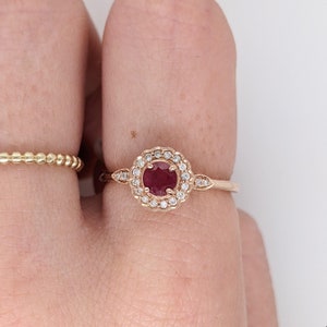 Red Ruby Ring in 14k Rose Gold With a Natural Diamond Halo in a Flower