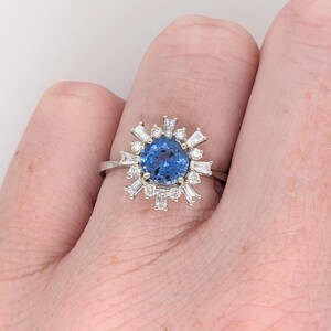 Sunburst Sapphire Ring w Natural Earth Mined Diamonds in Solid 14k White Gold | Round 6mm | Snowflake Inspired | September Birthstone
