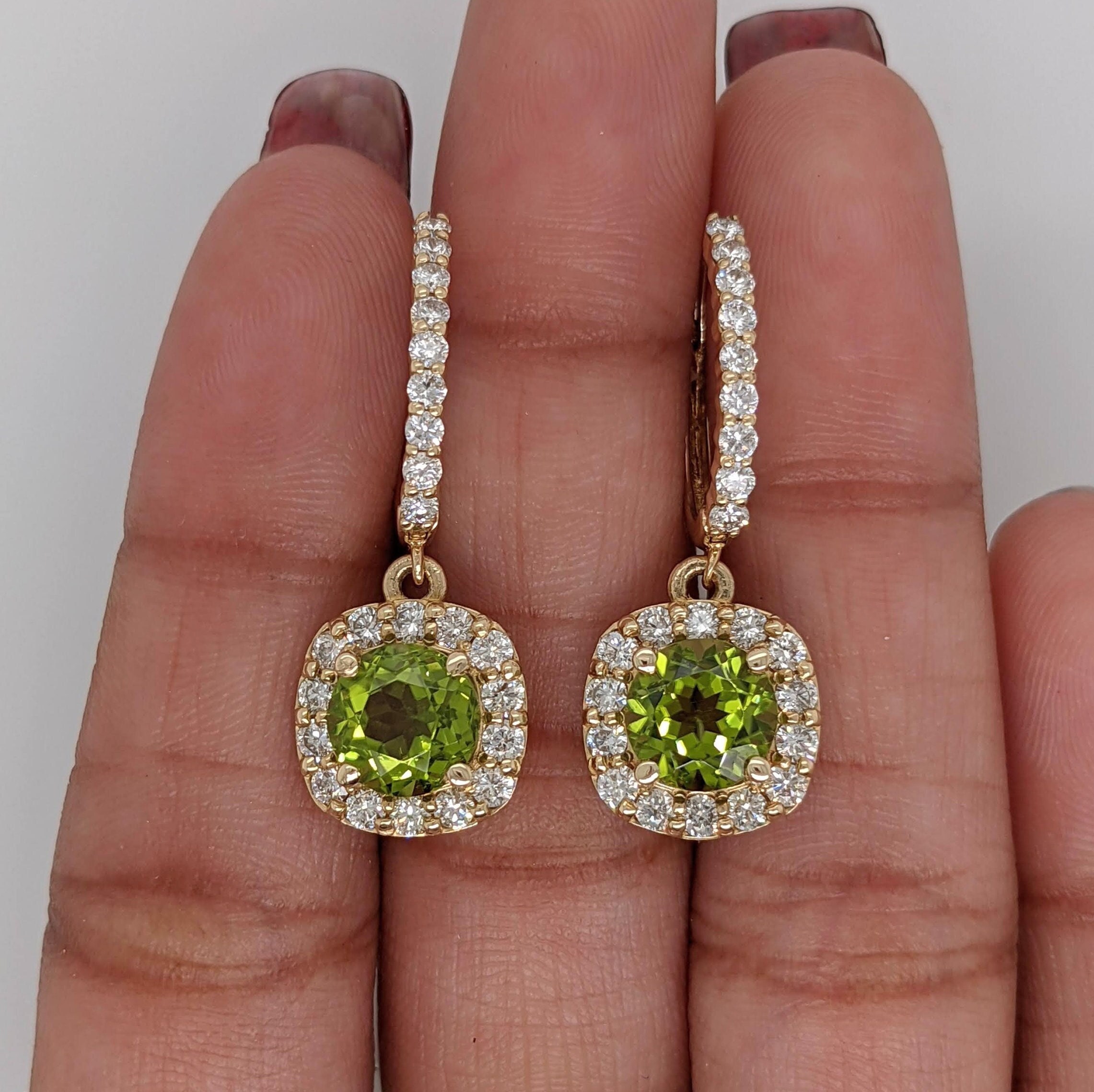 Peridot Earrings Accented W All Natural Diamond Halo in Solid 14k