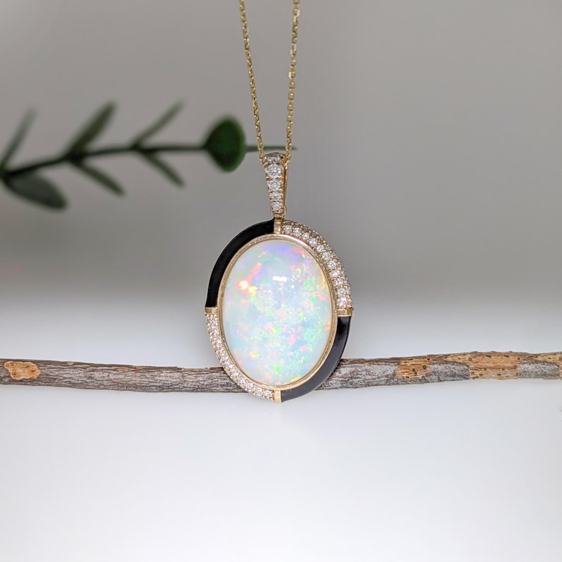 9.26 Carat Opal Pendant W Earth Mined Diamond Accents in 14k Solid Gold
