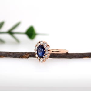 1.75ct Ceylon Sapphire Ring With Natural Diamond Halo in 14k Solid Gold | Ov 8x6