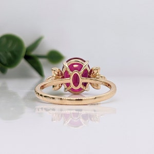 Radiant Red Ruby Ring in 14K Yellow, White or Rose Gold w/ Natural Diamond Accents Oval 10x8mm Floral Design July Birthstone Custom image 3